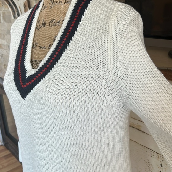 Cabi Ace pullover cream knit vneck sweater bell sleeve red blue stripe side slit - Picture 7 of 16